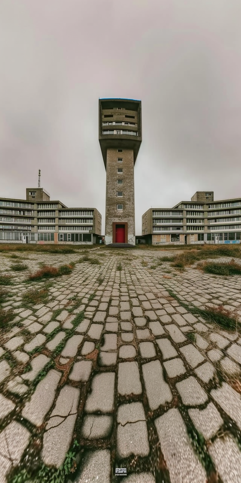 Image of a brutalist tower with a red door