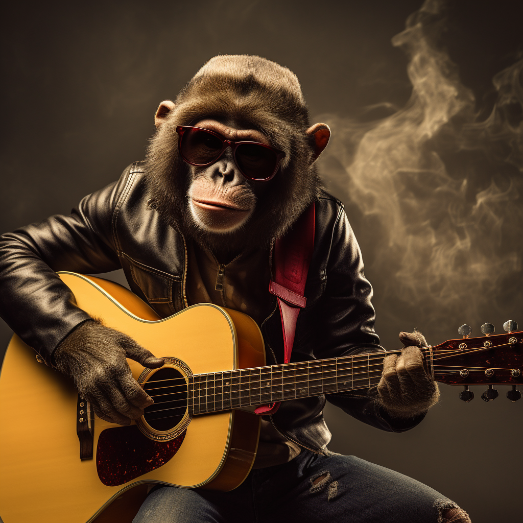 Bryan Adams monkey playing acoustic guitar