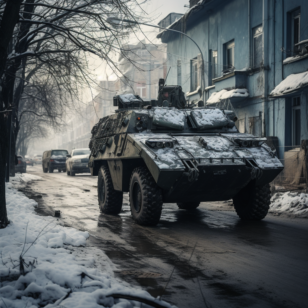 BTR-80 armored vehicle on war-torn Ukraine street