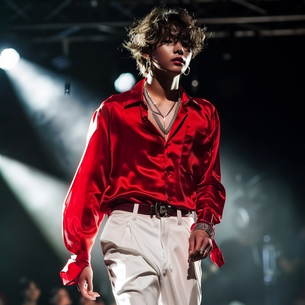 BTS Taehyung red shirt white pants