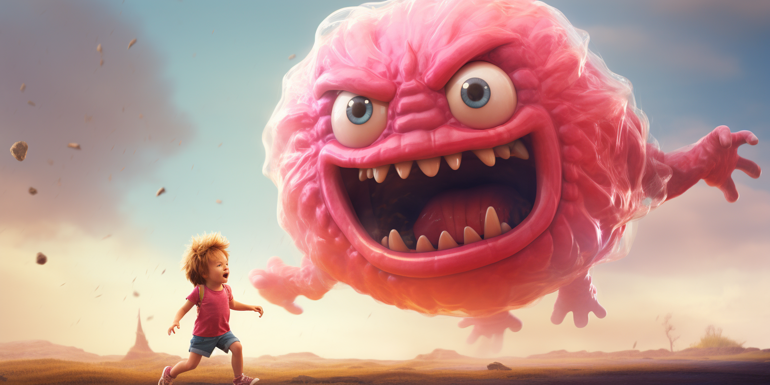 Child being chased by bubblegum wad monster