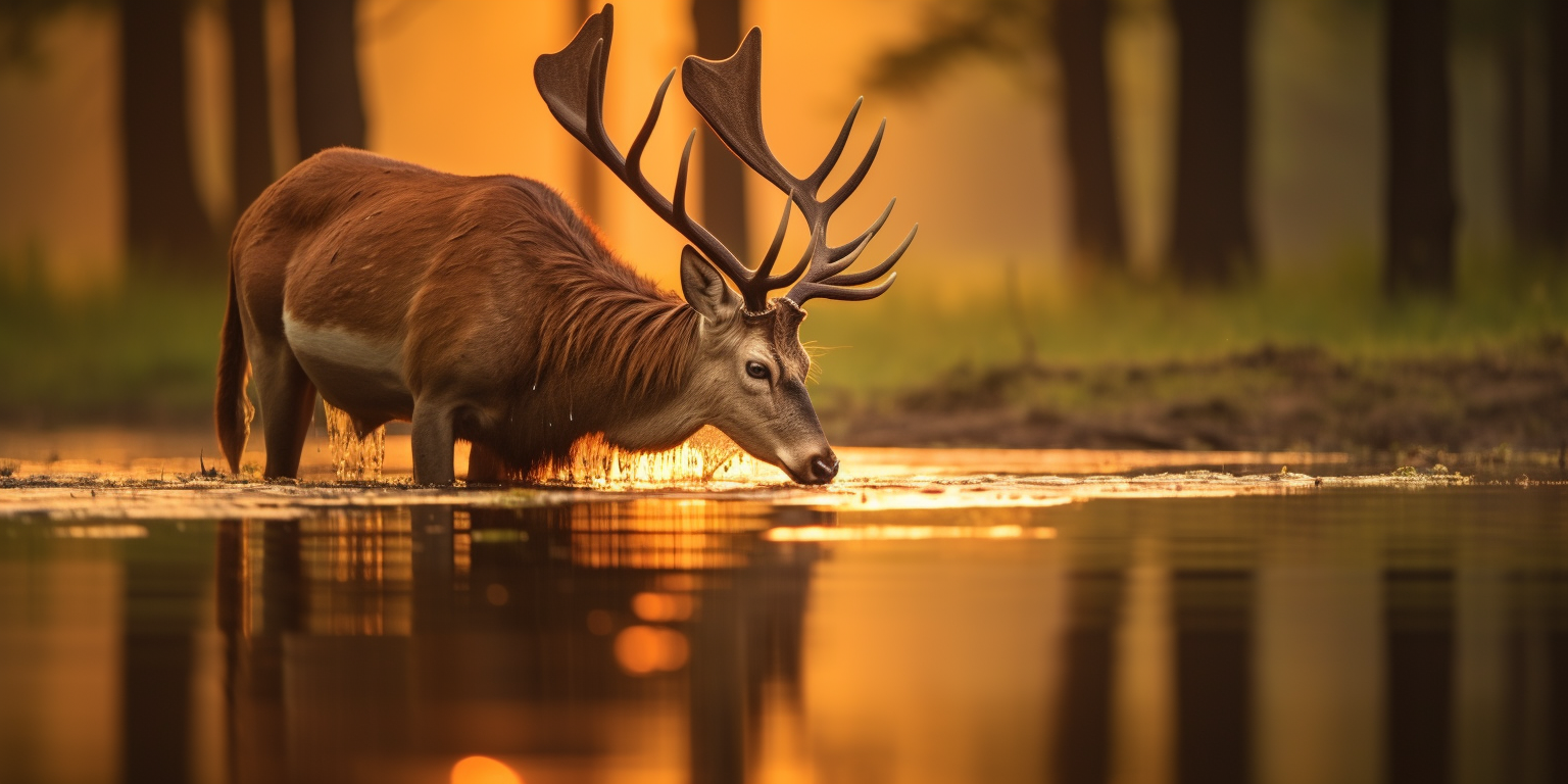 Majestic buck drinking from water