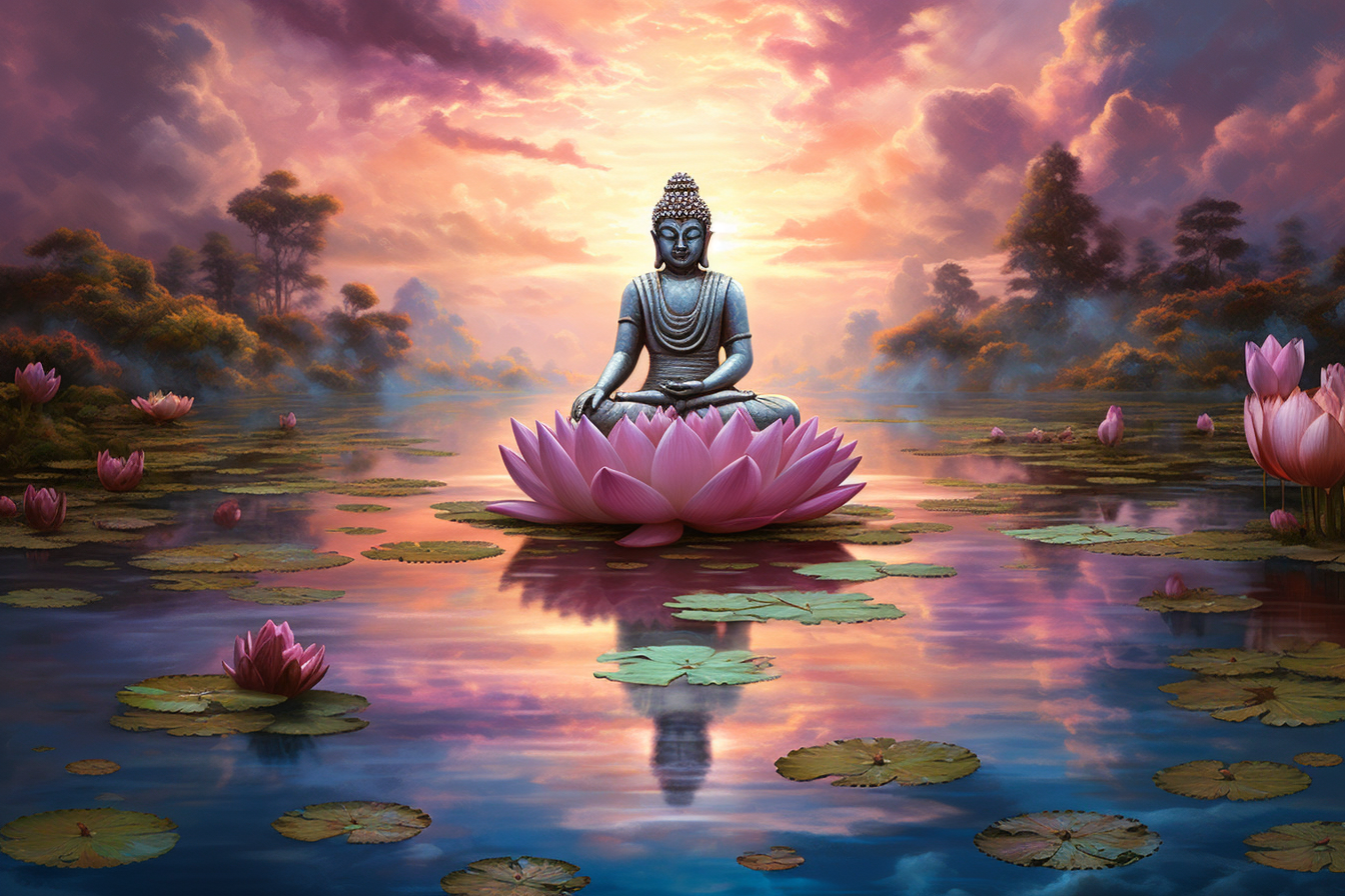 Buddha Statue with Water Lilies