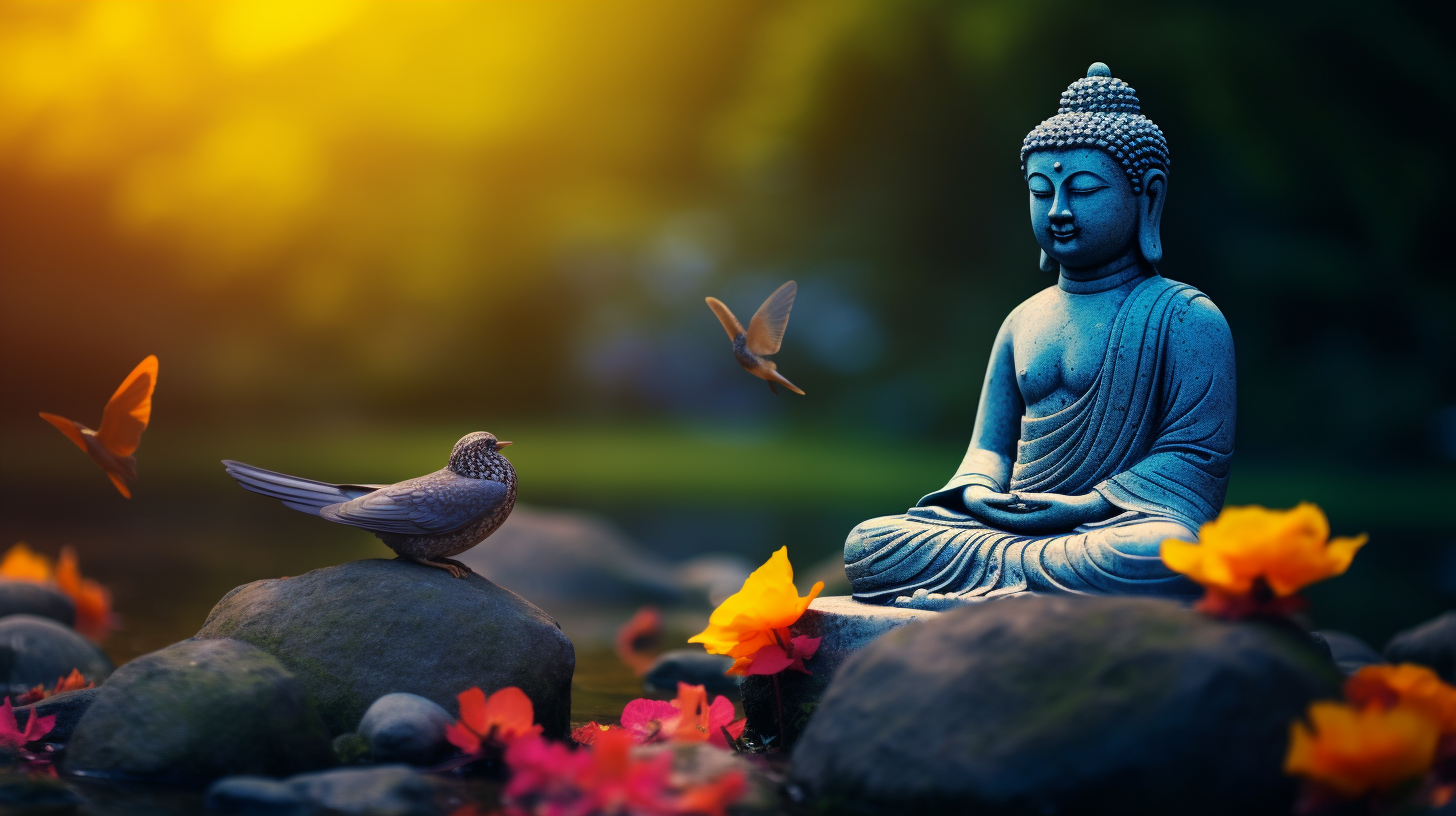 Majestic Buddha statue in vibrant nature with birds  ??