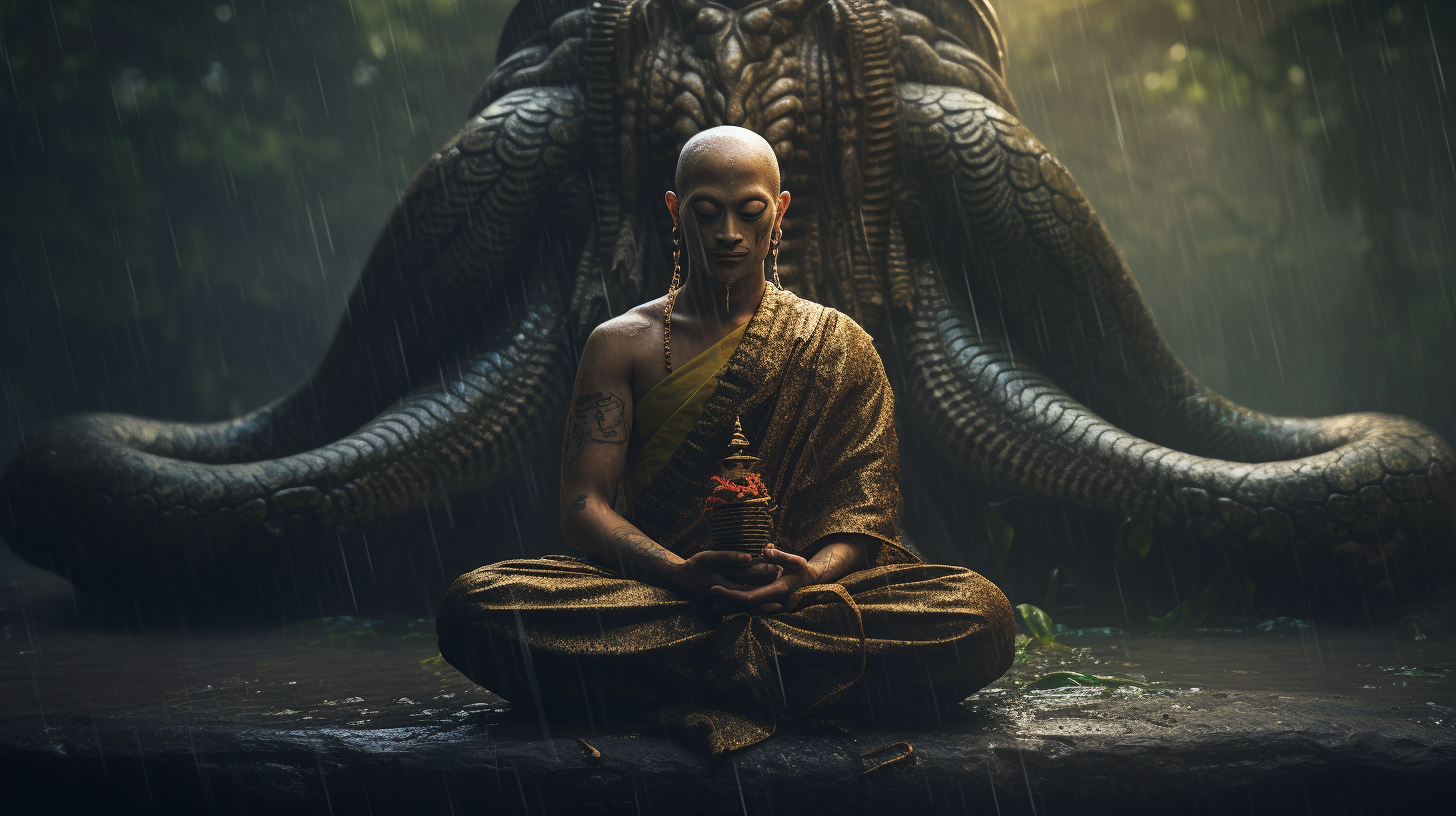 Buddha protected by cobra from rain