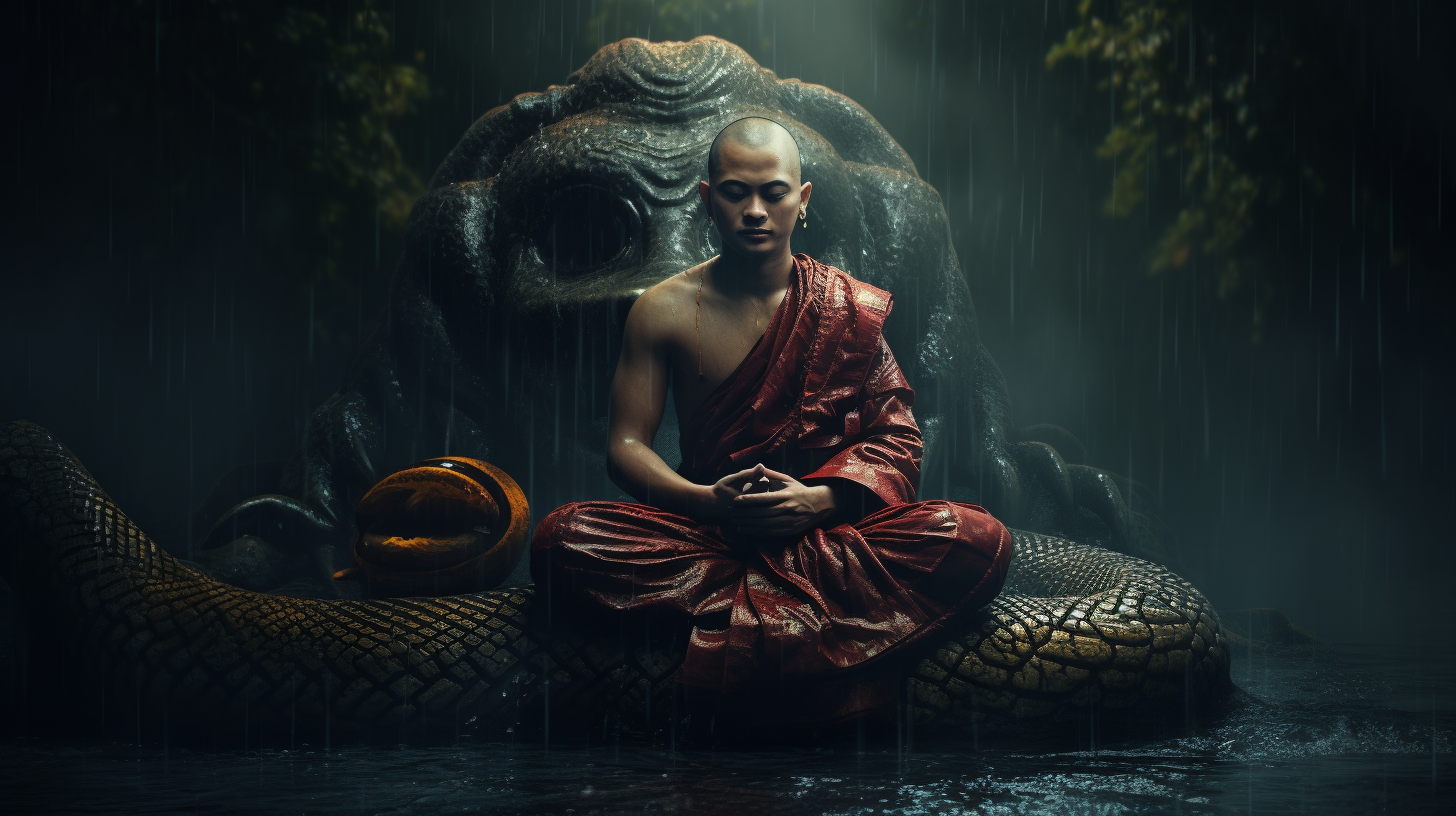 Buddha sitting under cobra in rain