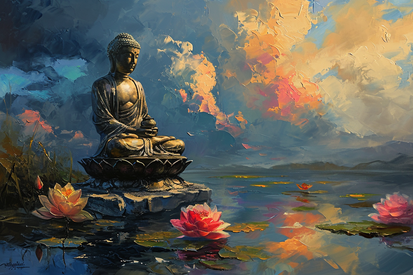 Buddha Statue with Water Lilies and Dramatic Clouds