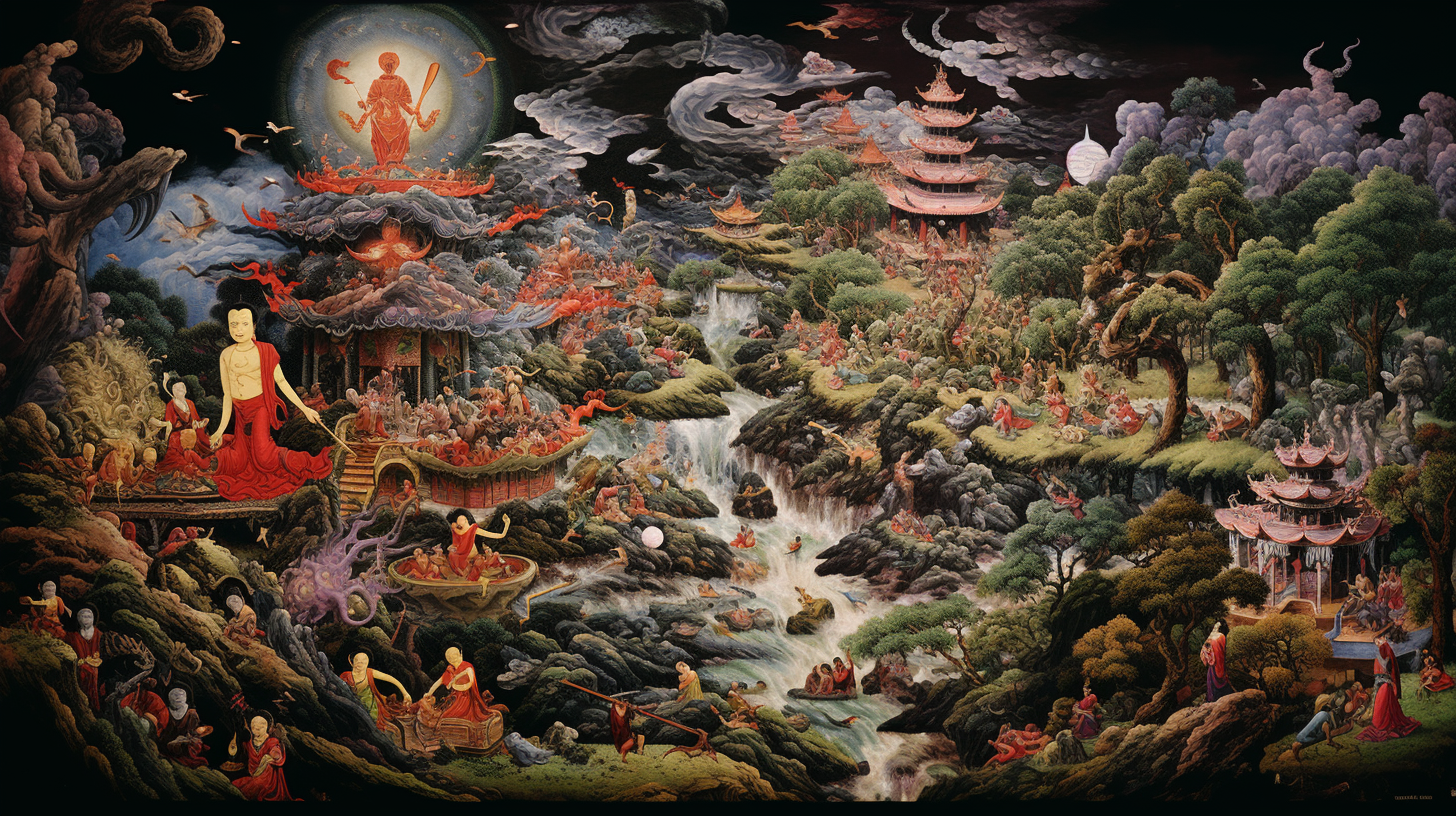 Intricate Buddhist Art Depicting Spiritual Stories