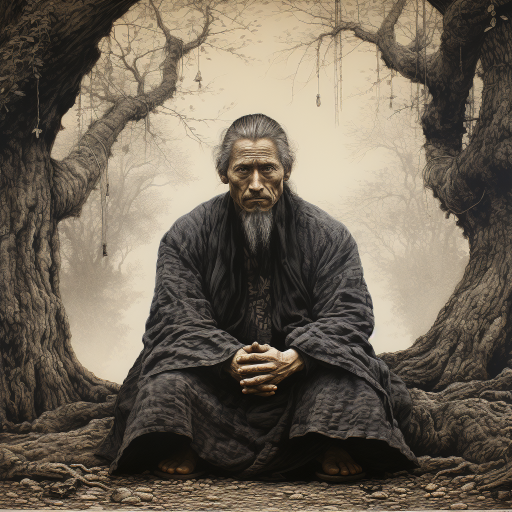 Buddhist monk meditating in rain under tree