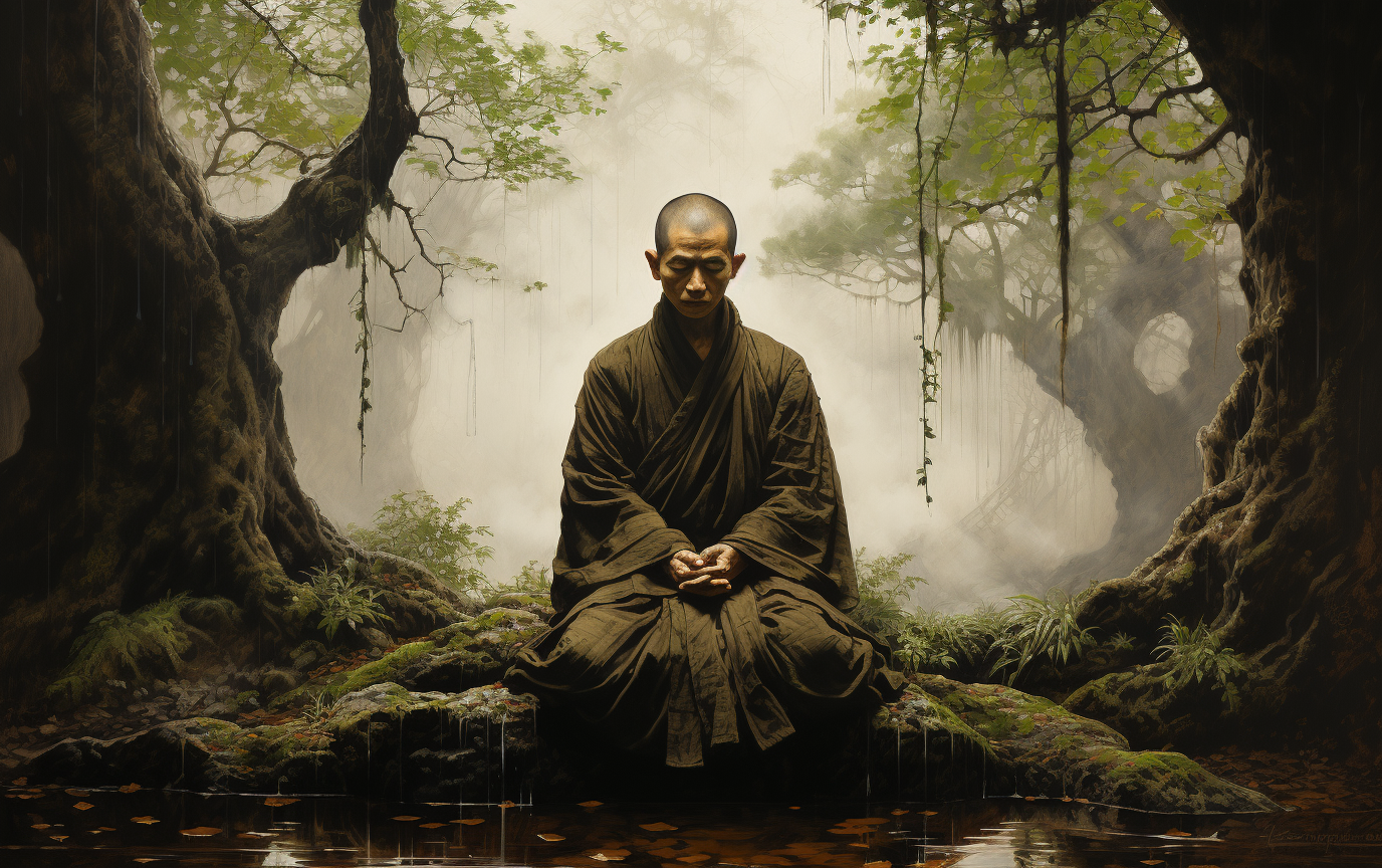 Buddhist monk meditating under tree in rain