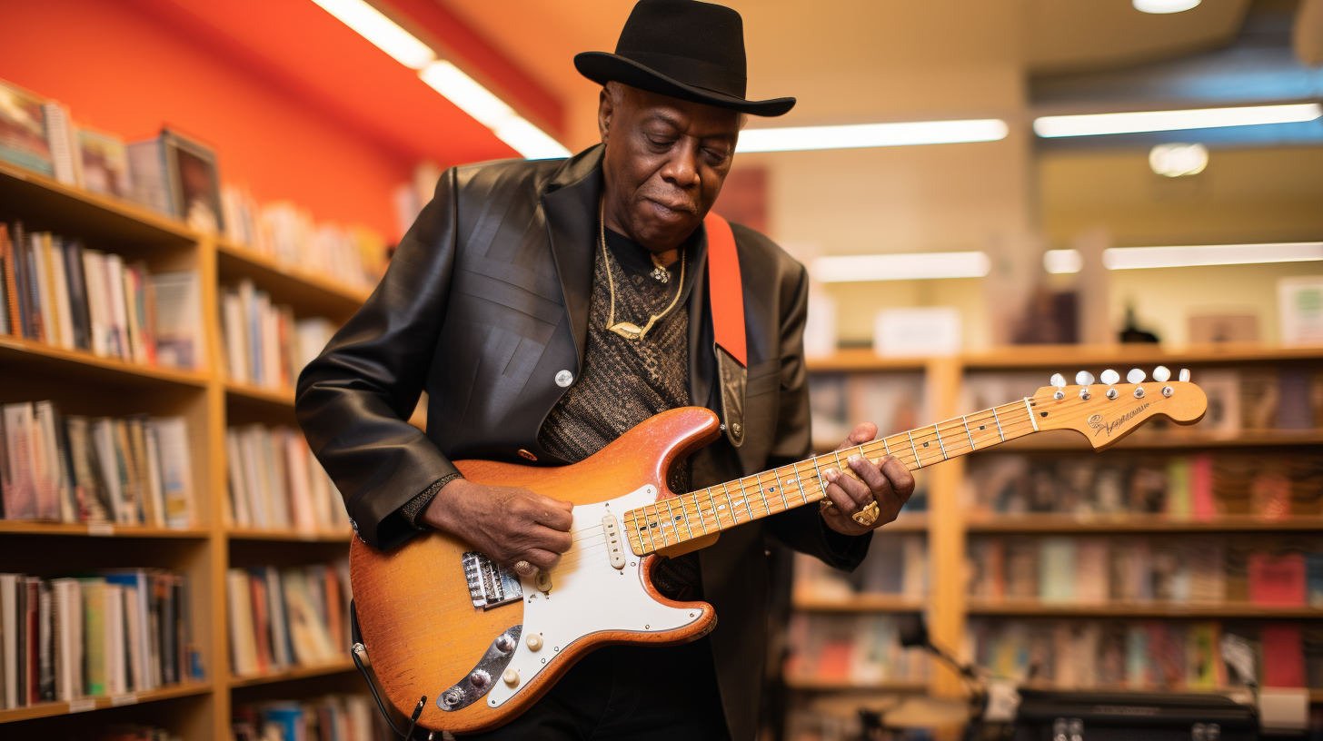 Buddy Guy riding a Harley through the New York Library