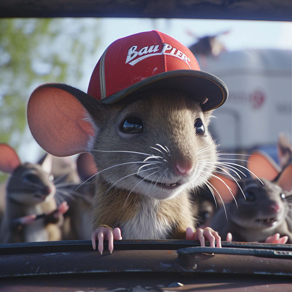 Mouse driving a semi trailer with Budweiser trucker cap