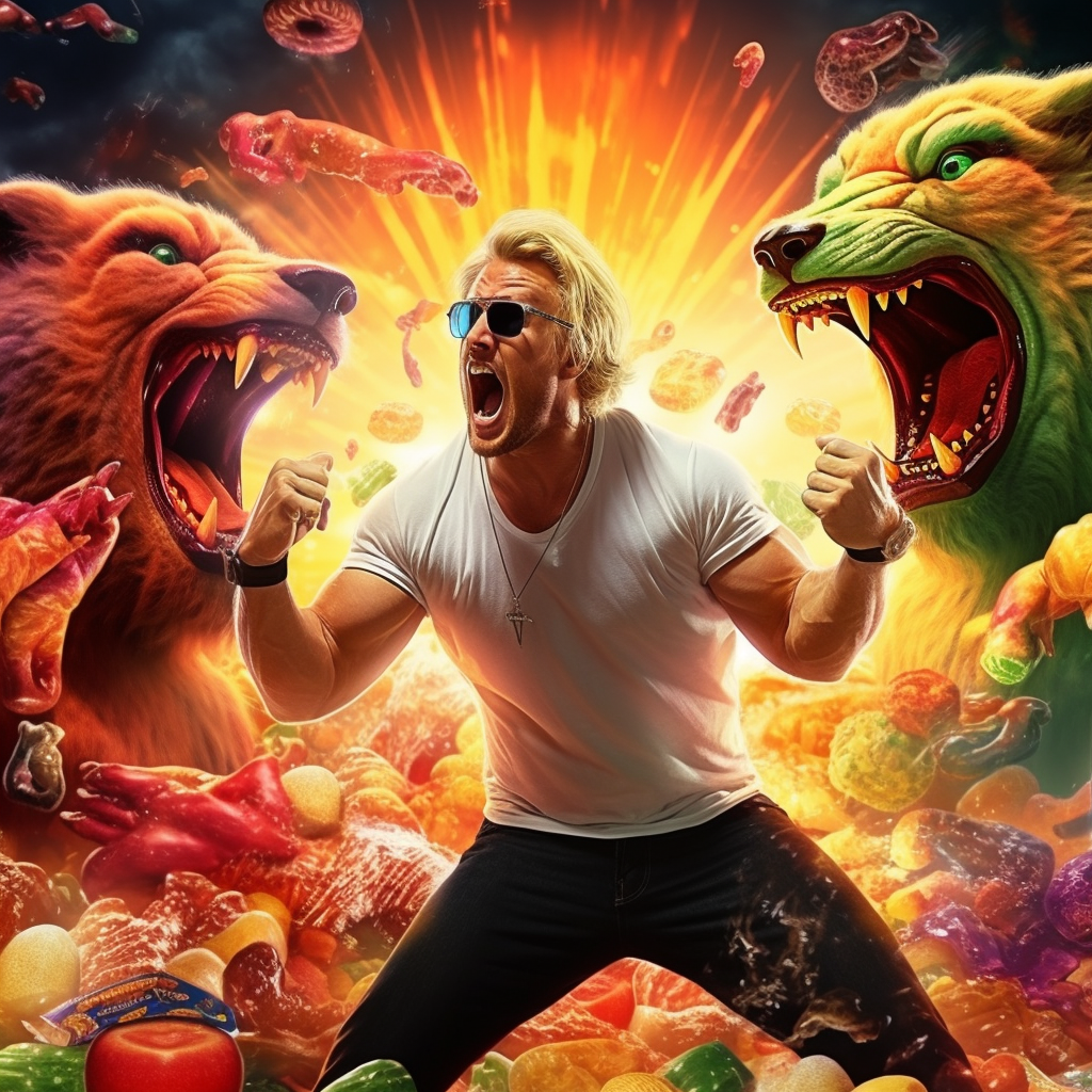 Angry blonde guy yelling at gummy bears