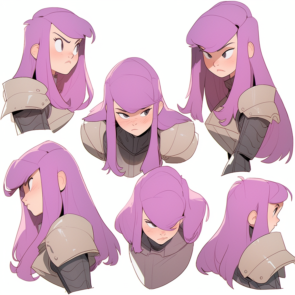 Serious buff knight girl with purple long hair