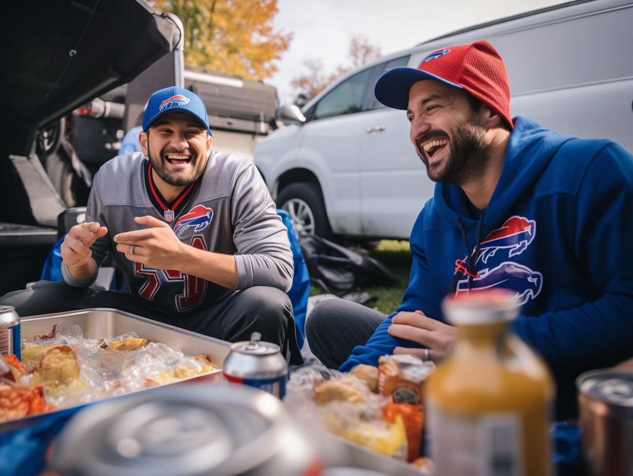 Friends enjoying Buffalo Bills tailgate party