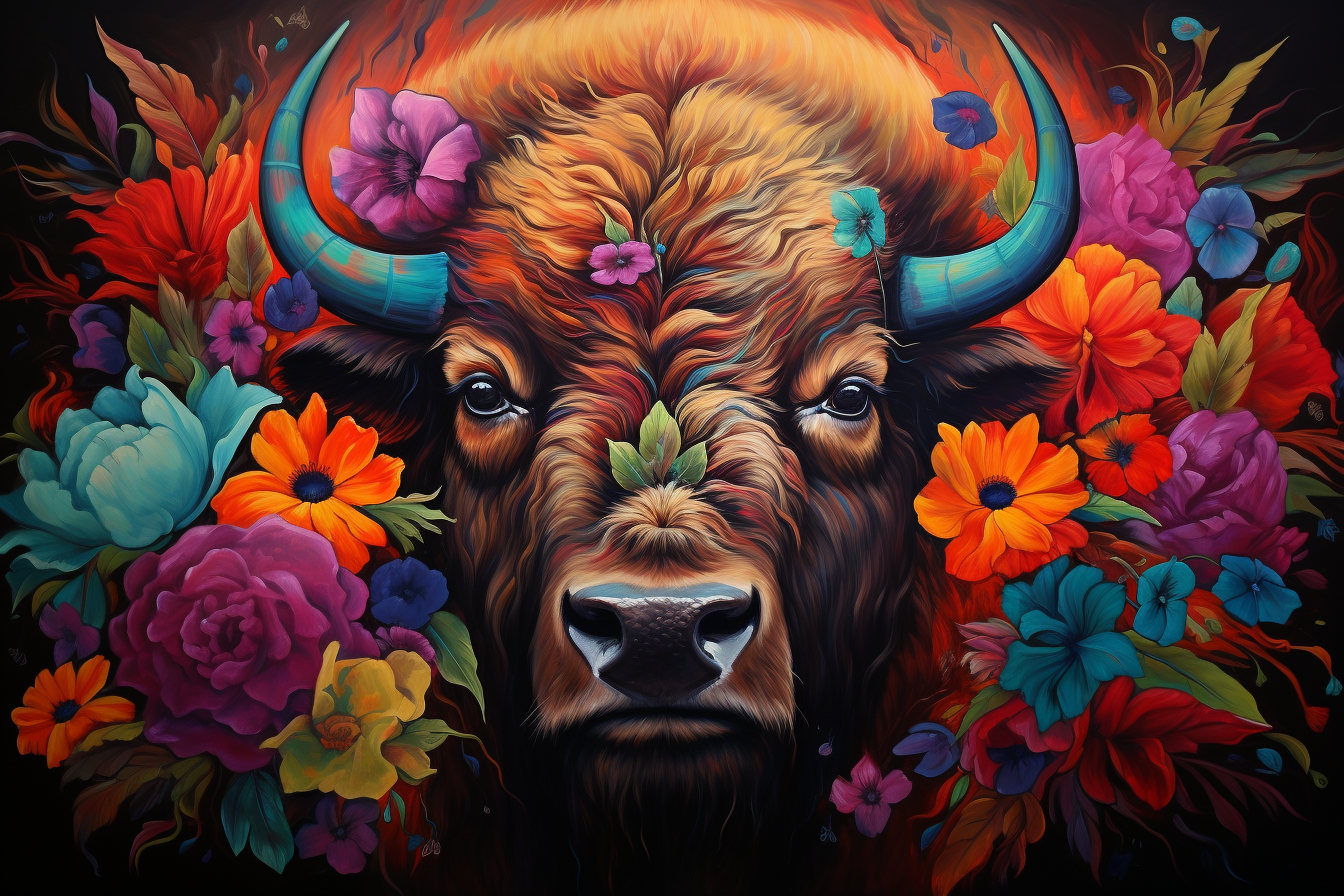 Buffalo Surrounded by Colorful Flowers