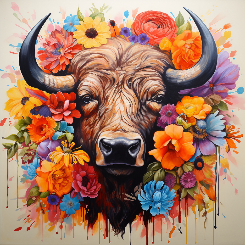 Buffalo surrounded by colorful flowers