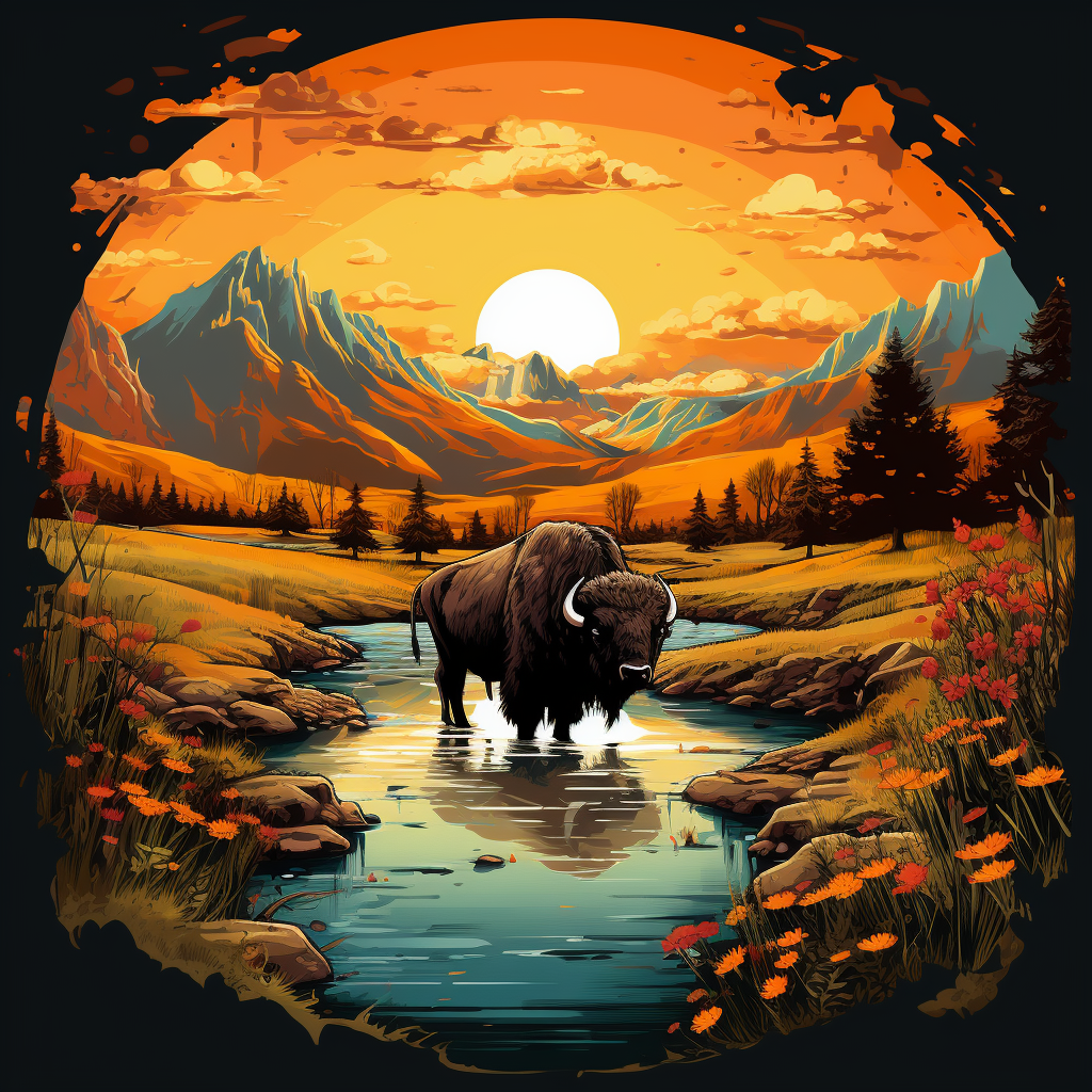 Dynamic t-shirt design of a buffalo scenic