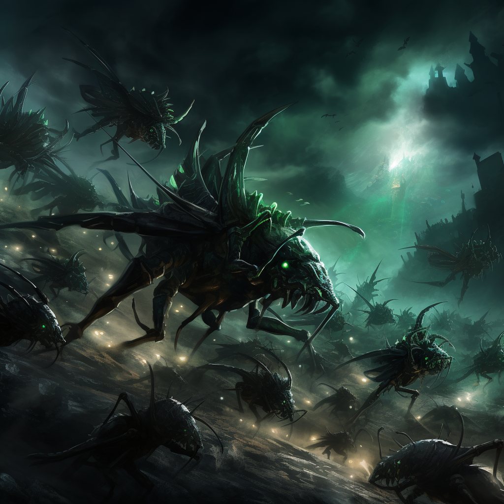 Swarm of black and green bug monsters charging  ?