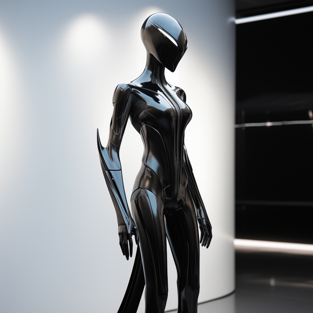 Female mannequin in bug-like suit posing in studio