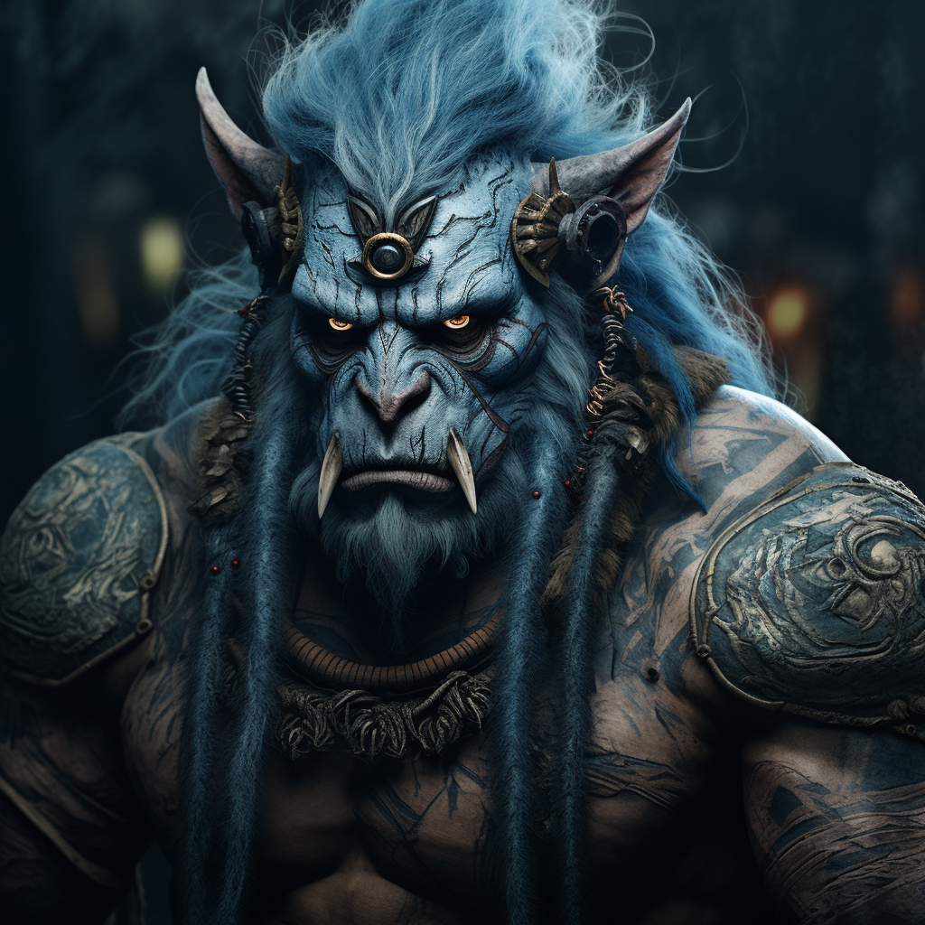 Mighty bugbear warrior with tattoos and blue hair