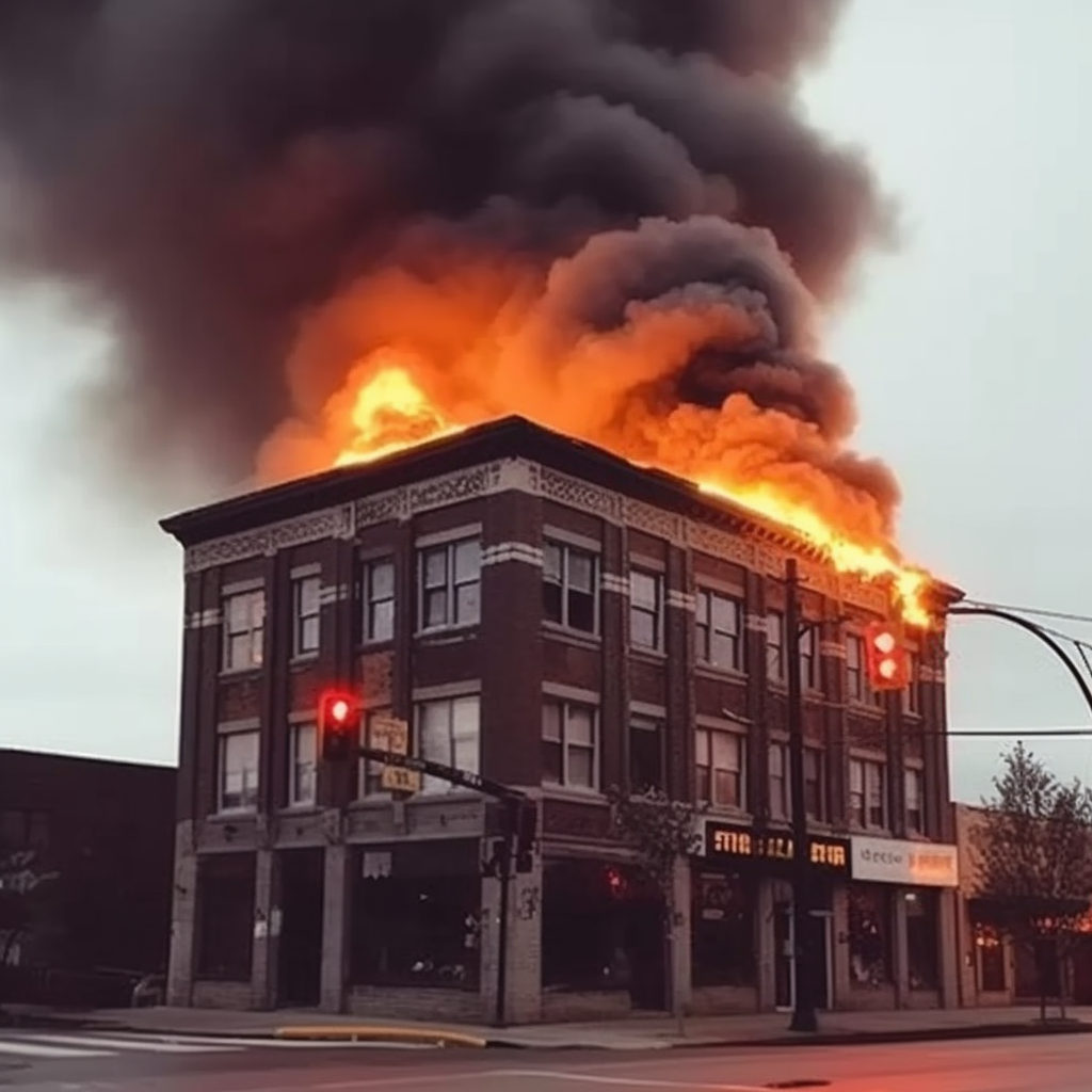 burning building in city at night