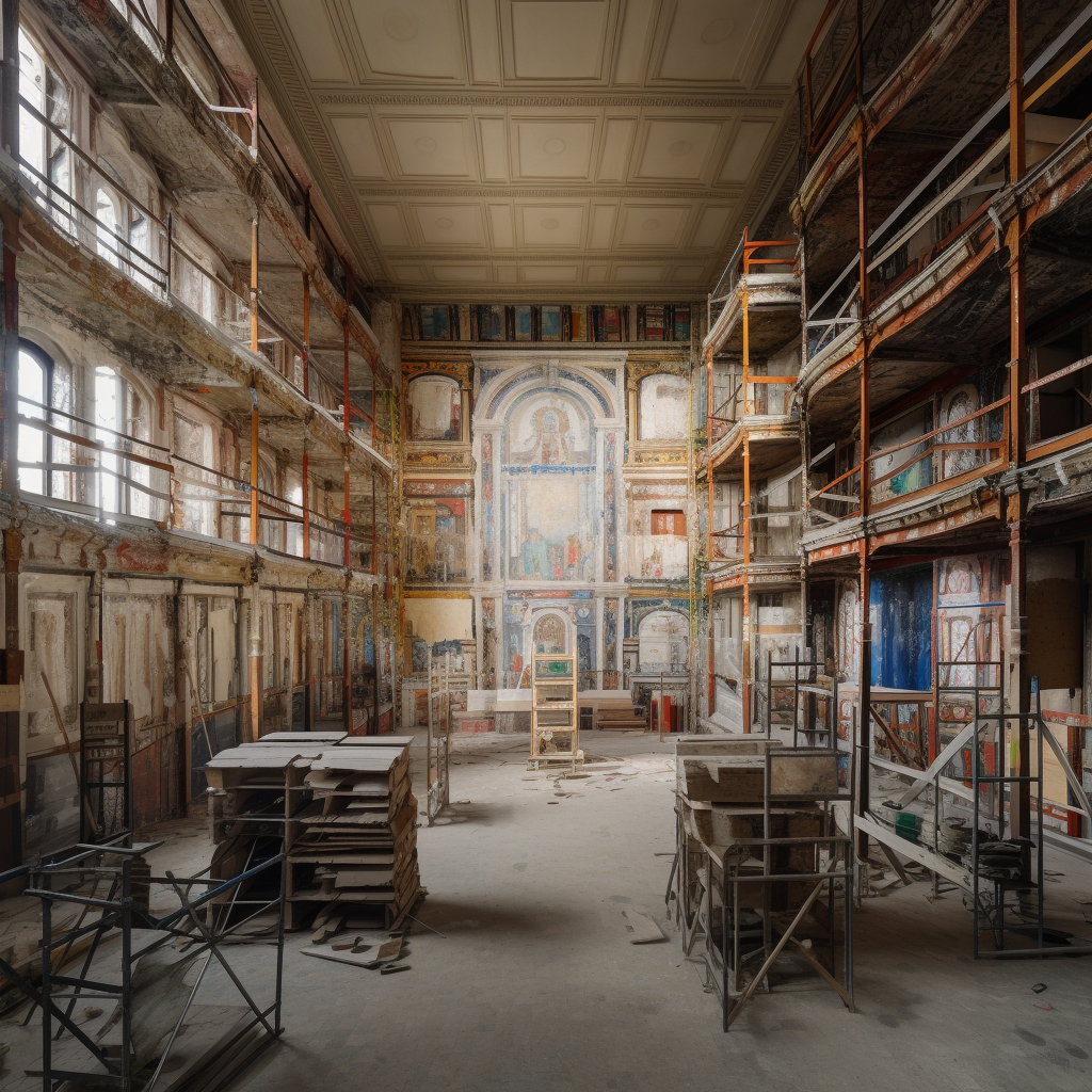 Panoramic view of building restoration project