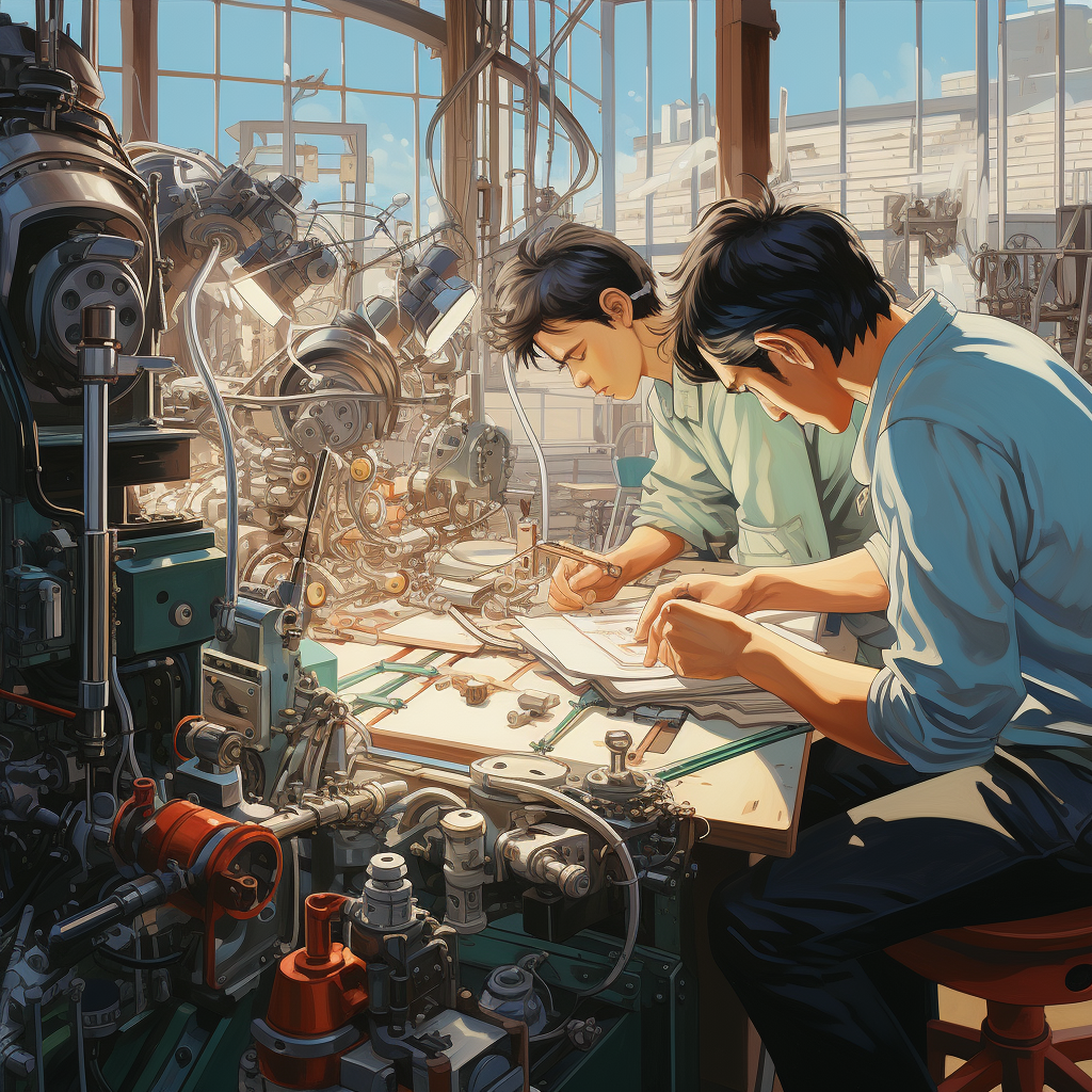 Anime drawing of a building satellite assembly line