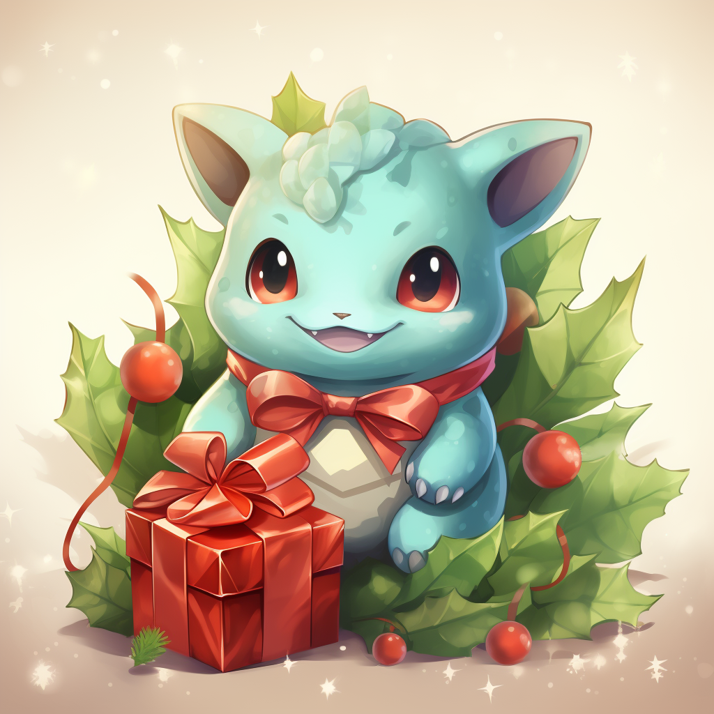 Bulbasaur Pokemon under Christmas tree holding a present