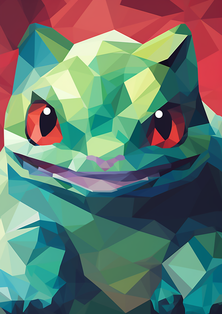 Minimalist Bulbasaur artwork in psychotic cubism style