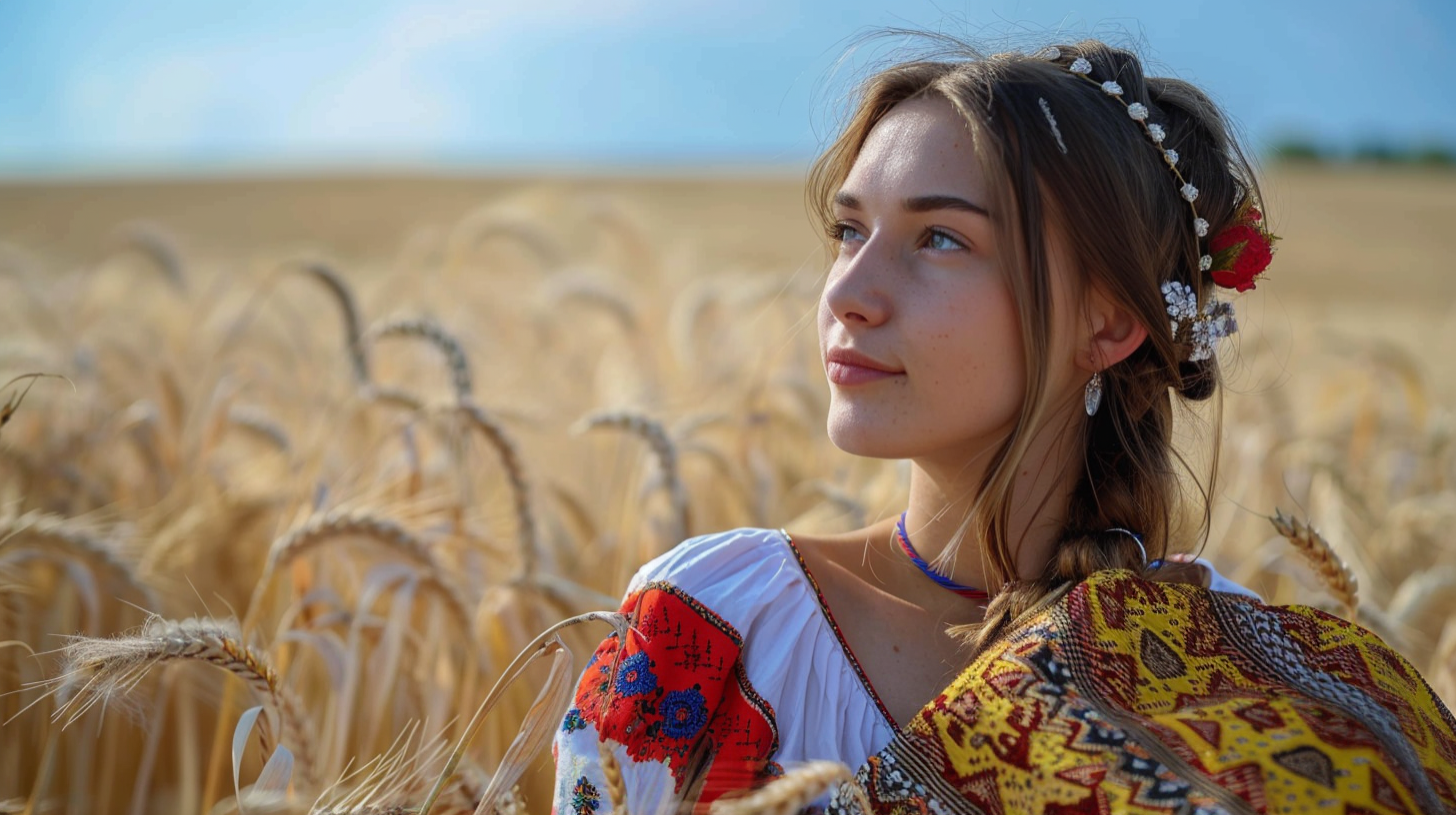 Bulgarian Woman Traditional Dress Wheat Fields