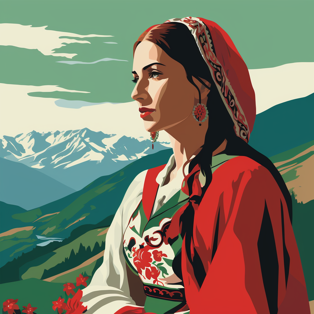 Girl wearing traditional Bulgarian outfit by the mountains