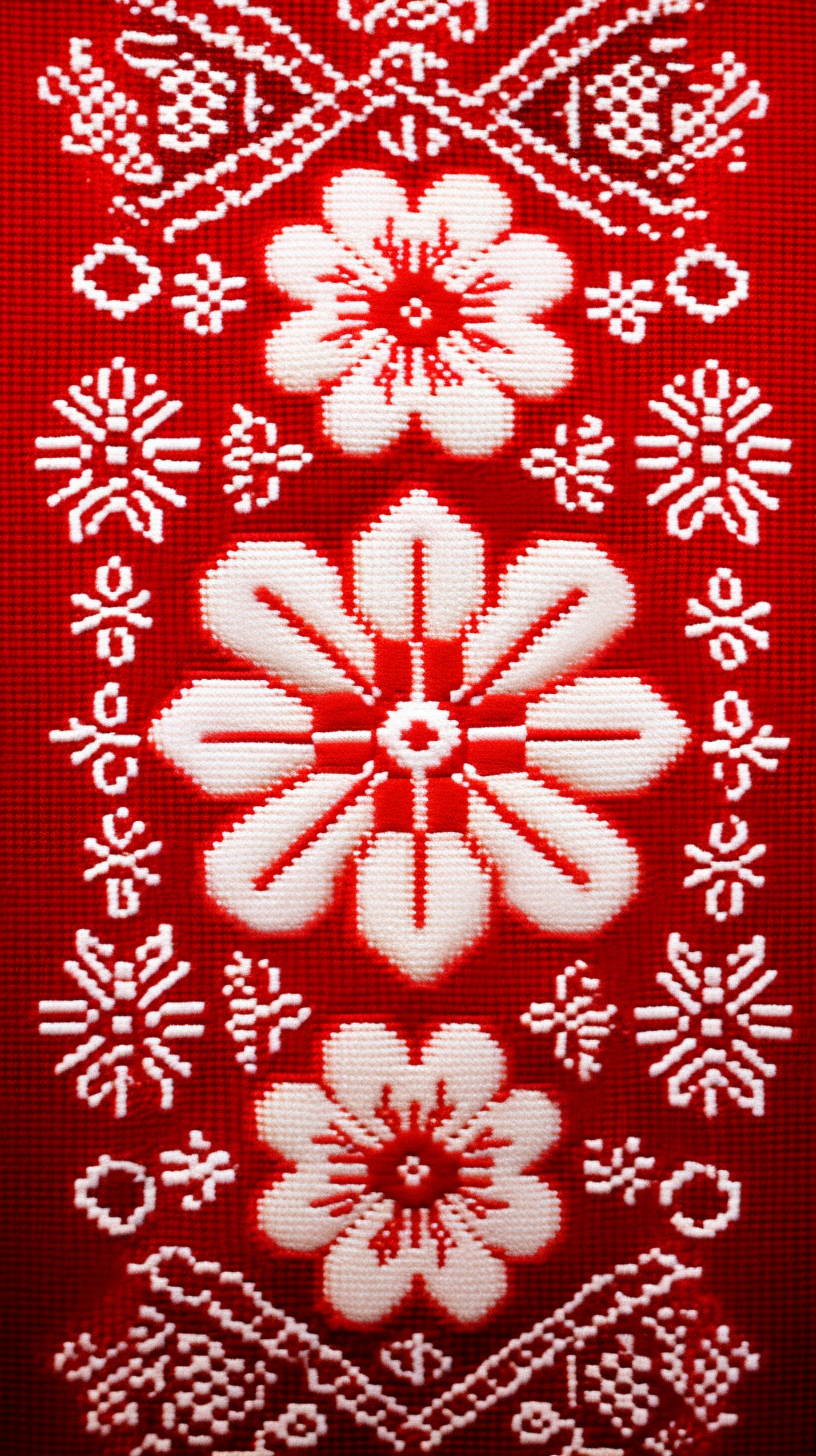 Intricate red and white Bulgarian embroidery motif