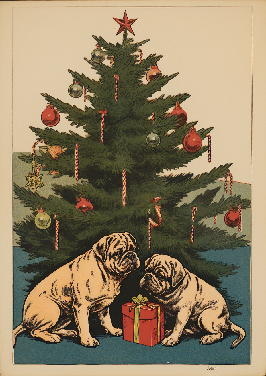 Bulldogs playing around a Christmas tree