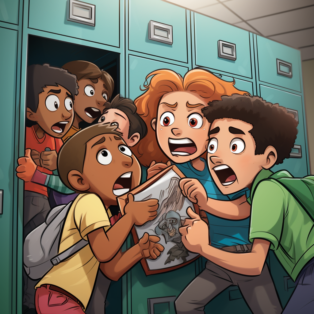 Bullies pushing kid into locker cartoon