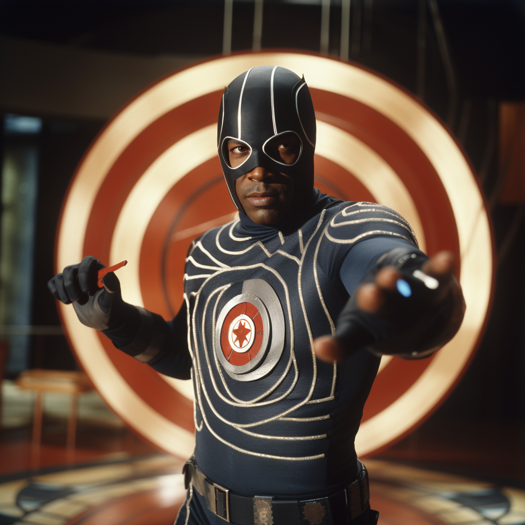 Caucasian actor playing Bullseye in black superhero outfit