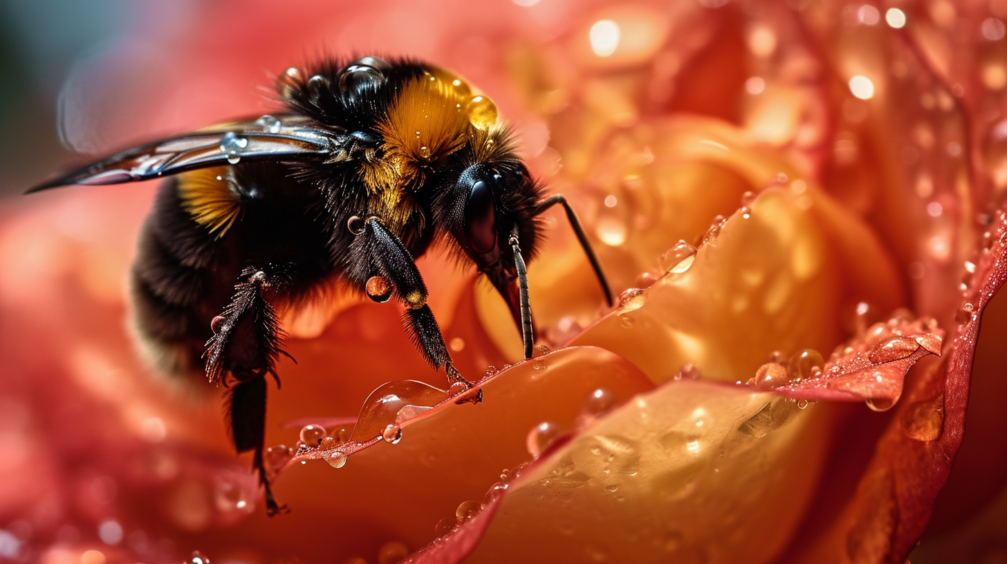 Bumblebee on Rose Petal in Rain