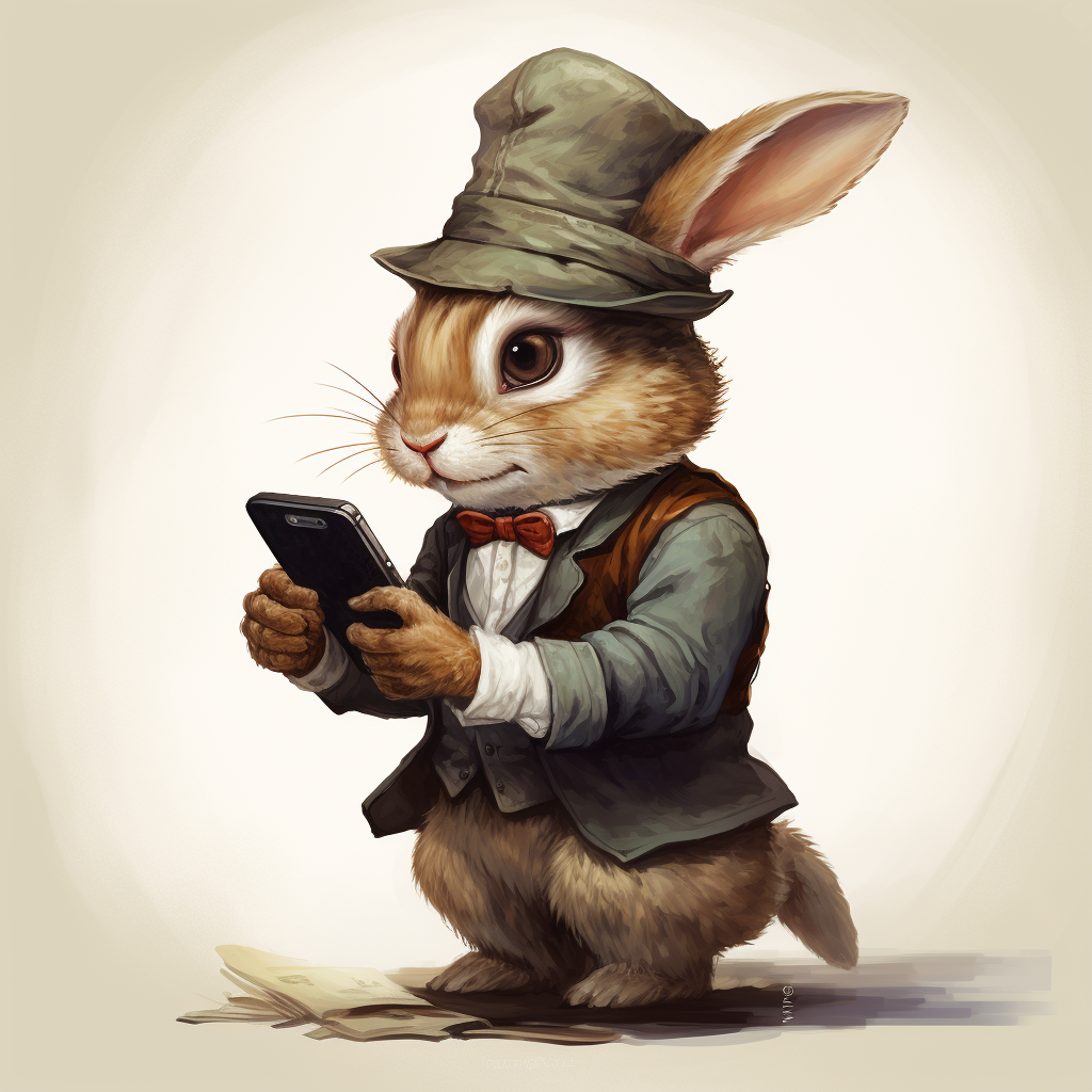 Bunny Wearing Newsboy Cap Scrolling Phone