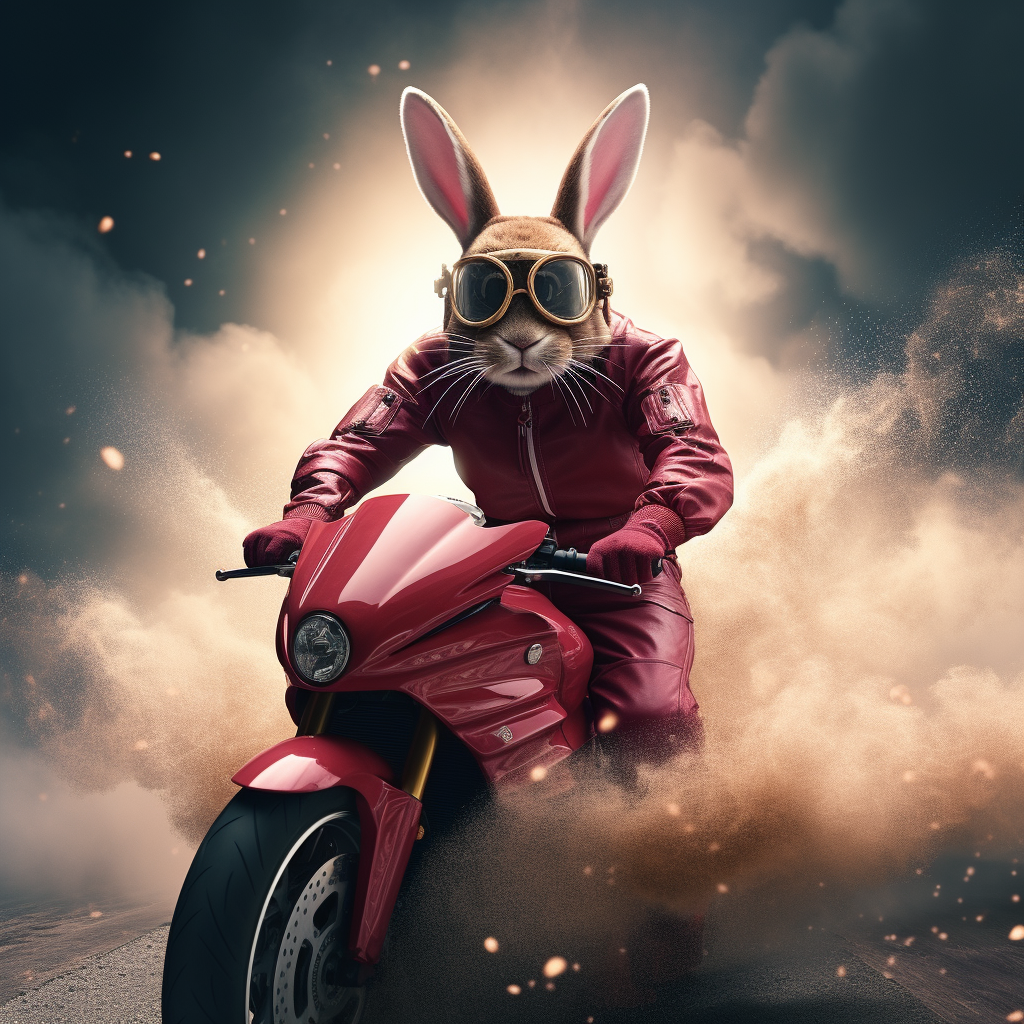 Man in bunny suit on red motorcycle