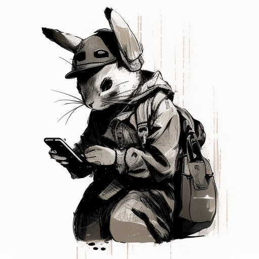 Bunny in newsboy cap scrolling phone