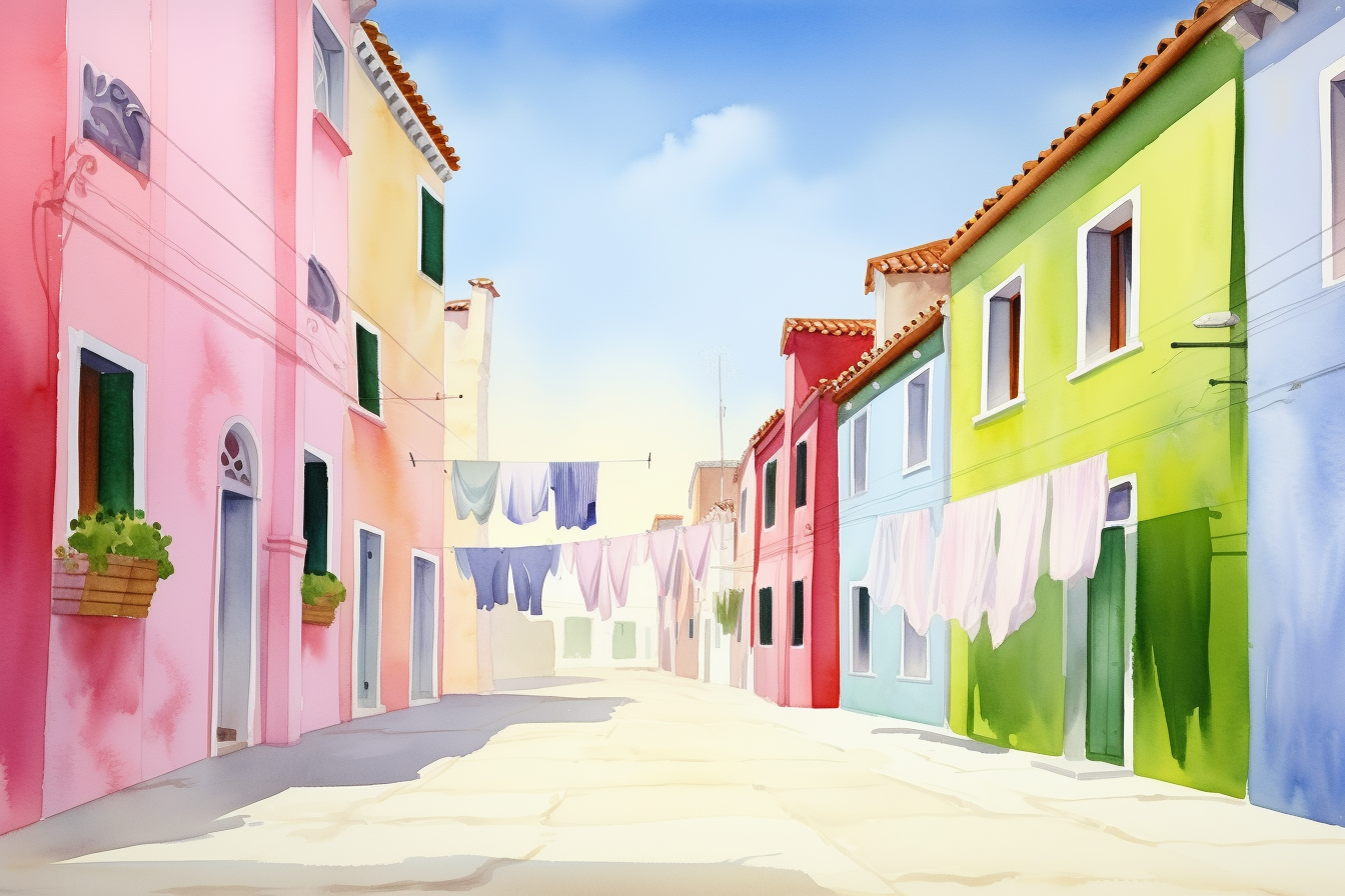 Colorful Burano Street Watercolor Painting