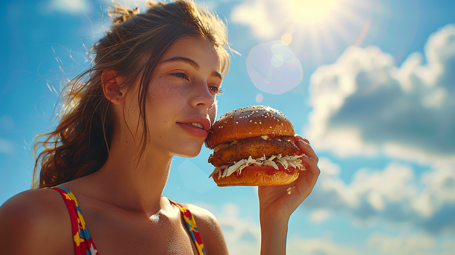 Burger with colorful sleeve in hand