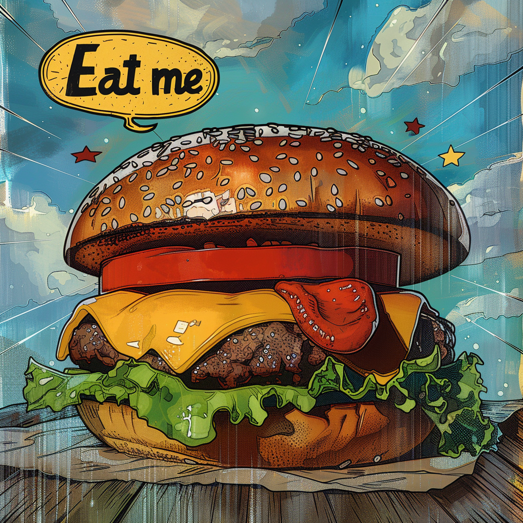 Burger icon with  Eat me  speech bubble