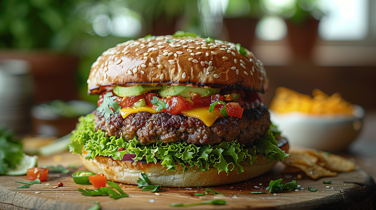 Burger on wooden board with delicious ingredients