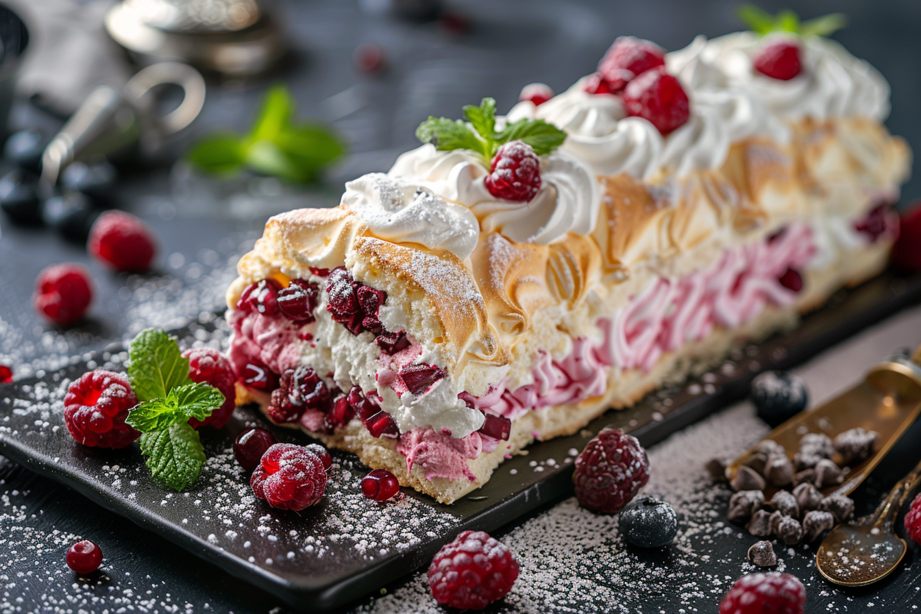 Burgundy meringue roll cream cheese