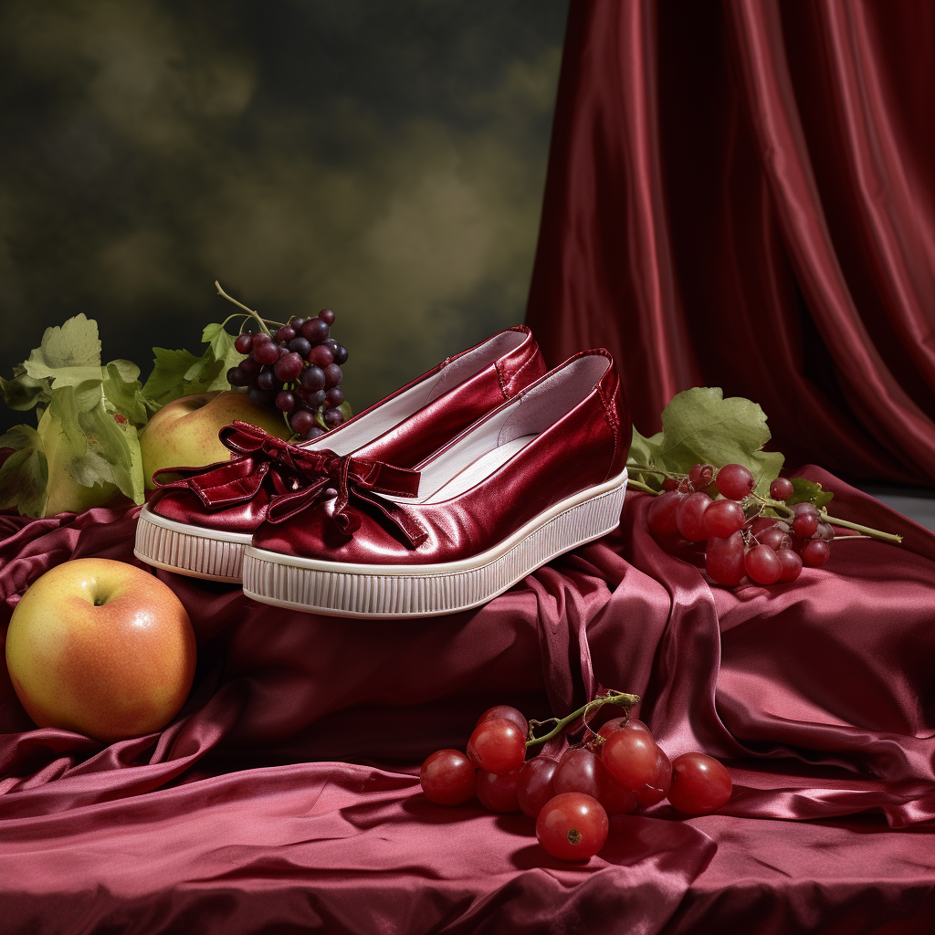 Burgundy Satin Ballet Flats with Ribbons and Fruits