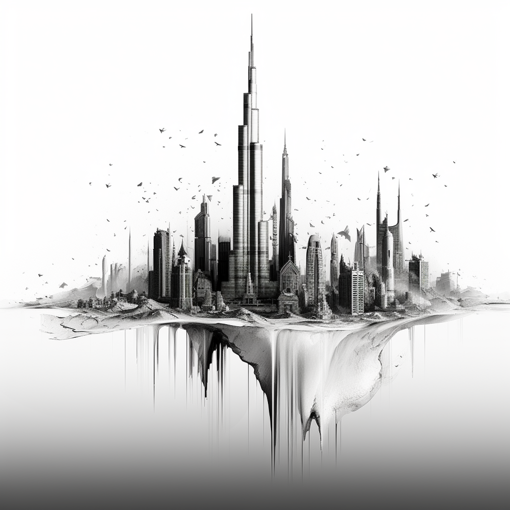 Burj Khalifa in black and white with dunes and logo