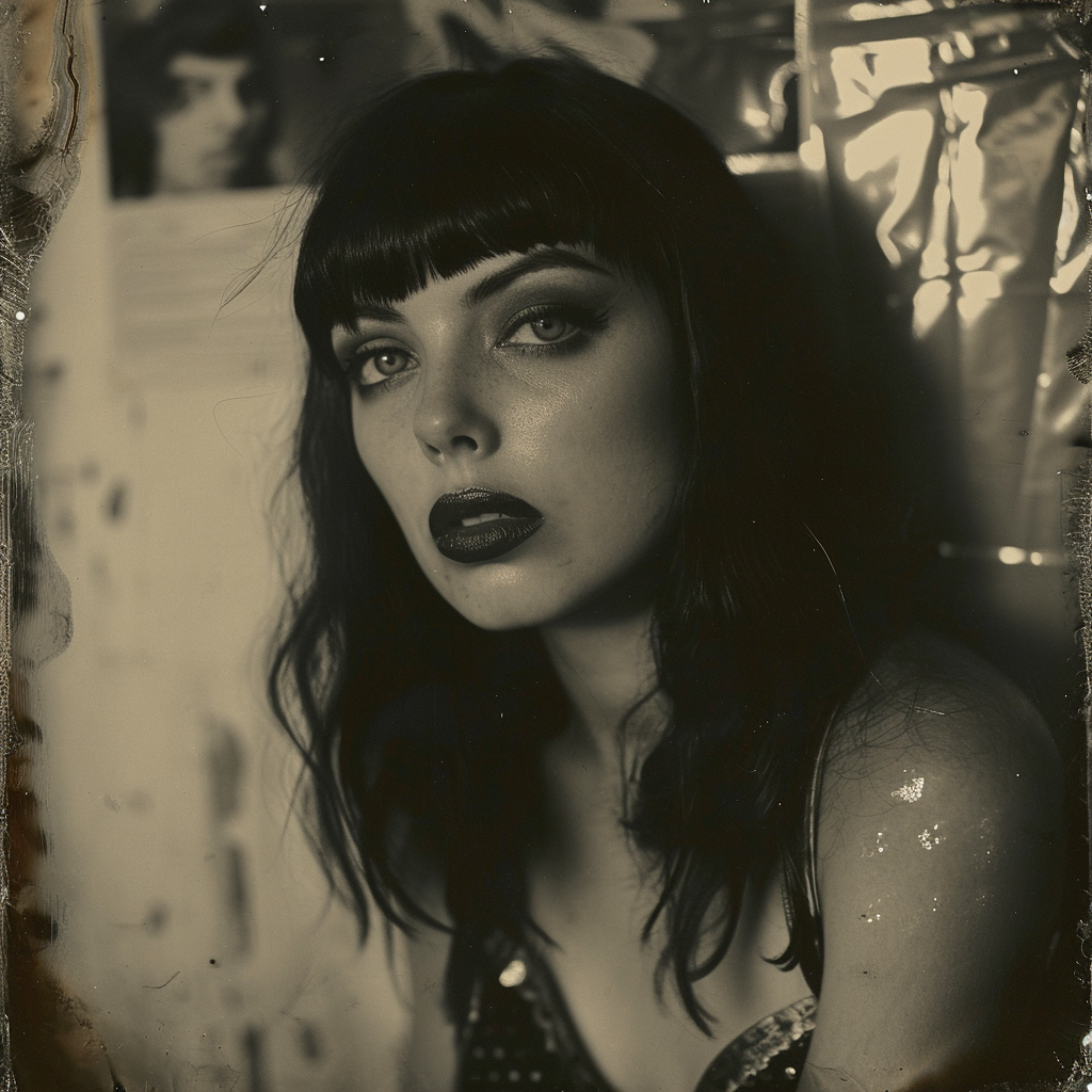 Burlesque girl with black hair in dressing room