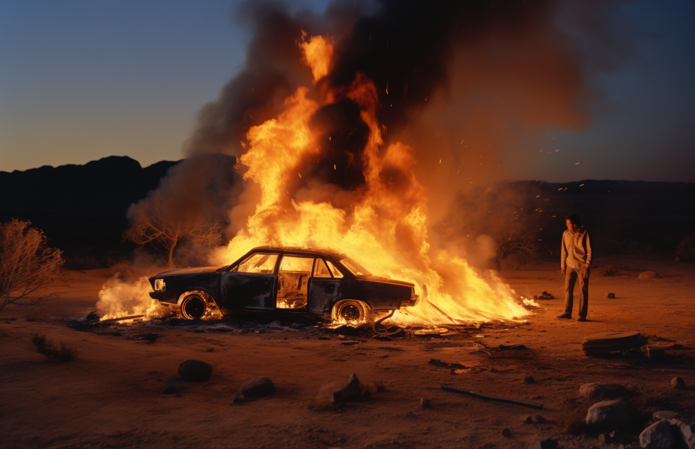 Burned car in desert with flames