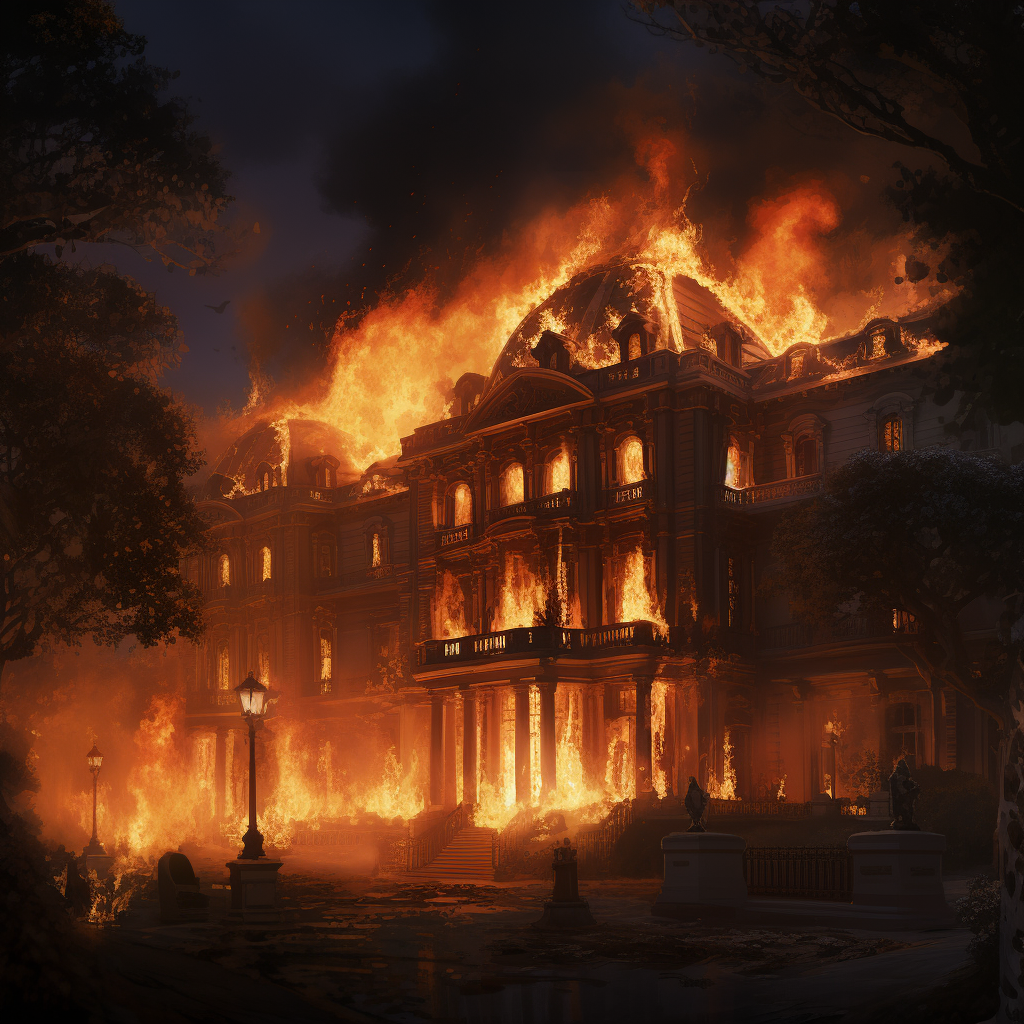 Burning aristocratic mansion engulfed in flames